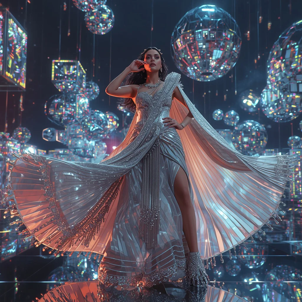 Aurora Thunder Crystal Saree with Floating Digital Reflection Observatory | trending saree gemini prompt in hindi — AI image prompt