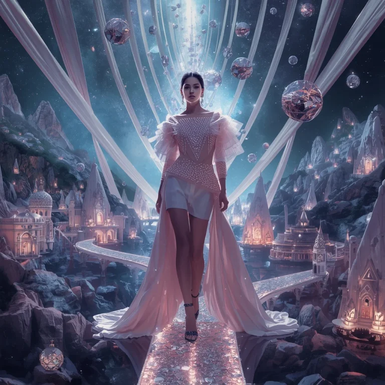 Billionaire Couture Kingdom Constructed Around Floating Diamond Ribbons Weaving Through Infinite Space — AI image prompt