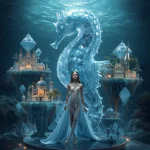 Billionaire Fashion Harbor Existing Inside a Giant Crystal Seahorse Carrying Floating Diamond Islands