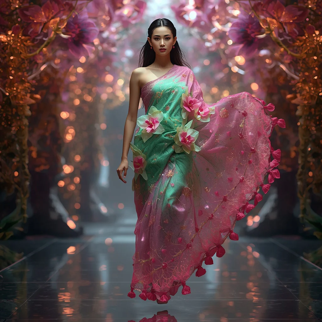 Bio-Luminal Crystal Orchid Hive Saree with Neural Bloom Reactor Core Field | trending prompt in instagram — AI image prompt