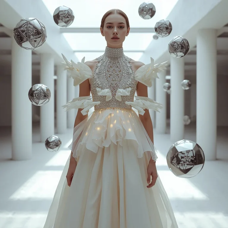 Bioluminescent Fungal-Silk Gown with Floating Geometric Metal Orbs | ai photo prompt — AI image prompt