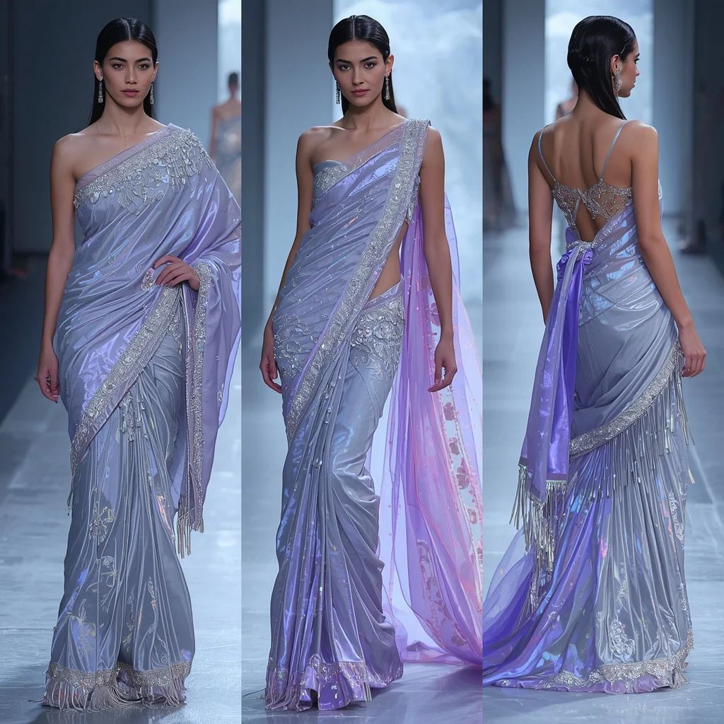 Celestial Ice Flame Saree with Neon Aurora Infinity Crystal Fortress | viral prompt — AI image prompt