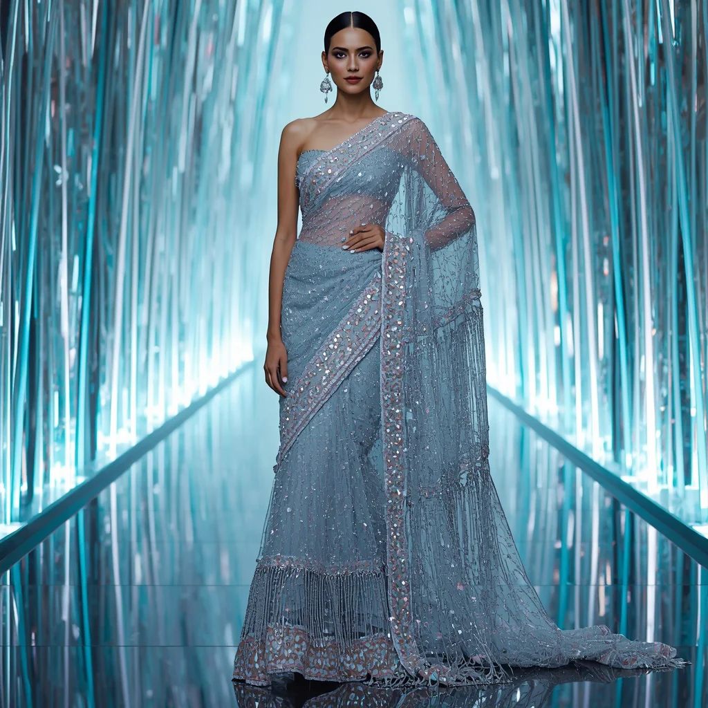 Diamond Aurora Majesty Saree with Floating Crystal Infinity Neon Cathedral | prompt seen girl saree butterfly — AI image prompt