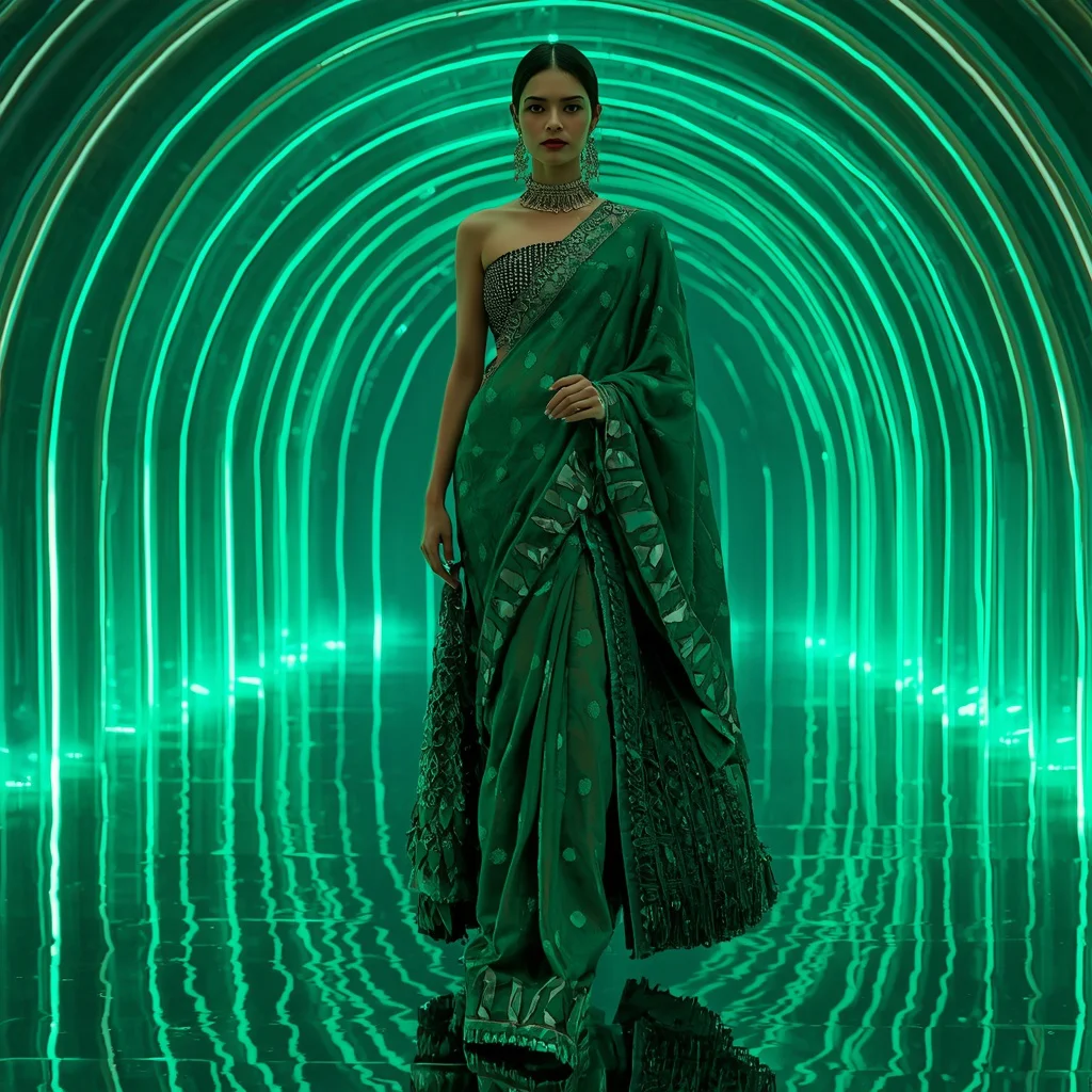 Emerald Cyber Flame Saree with Curved Neon Infinity Crystal Palace | instagram prompt for traditional look for girl in english — AI image prompt