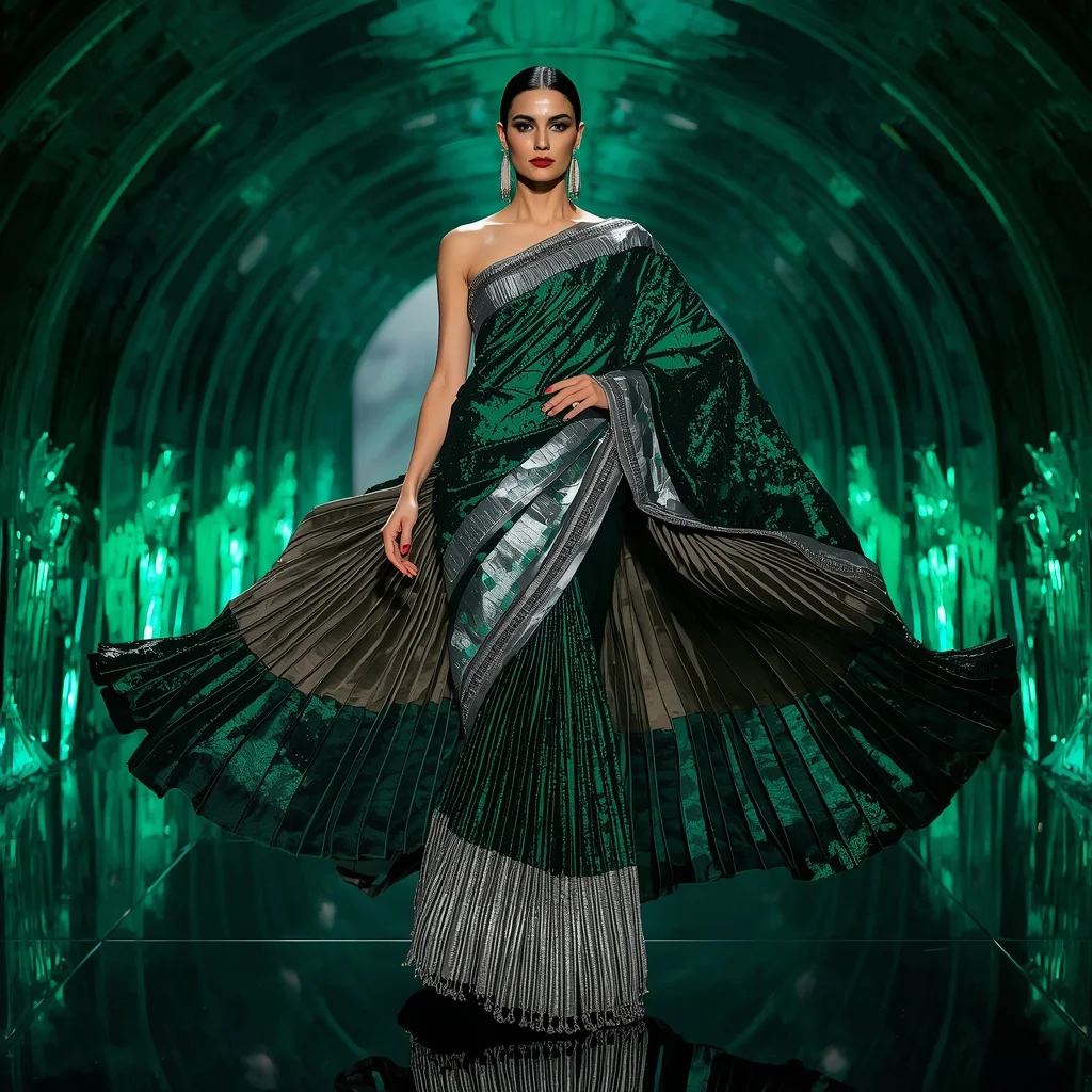 Emerald Quantum Aurora Saree with Curved Prism Skyline Corridors | instagram prompt for girls in saree — AI image prompt