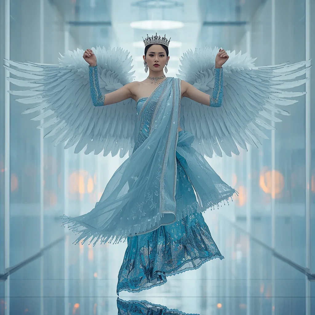 Frozen Falcon Crown Saree with Ice Wing Corridor | traditional saree prompt for girl instagram — AI image prompt
