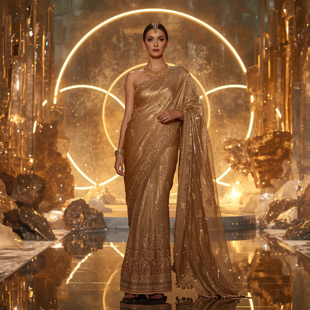 Golden Eclipse Royale Saree with Floating Halo Infinity Crystal Citadel | prompt for gemini girl in saree — AI image prompt