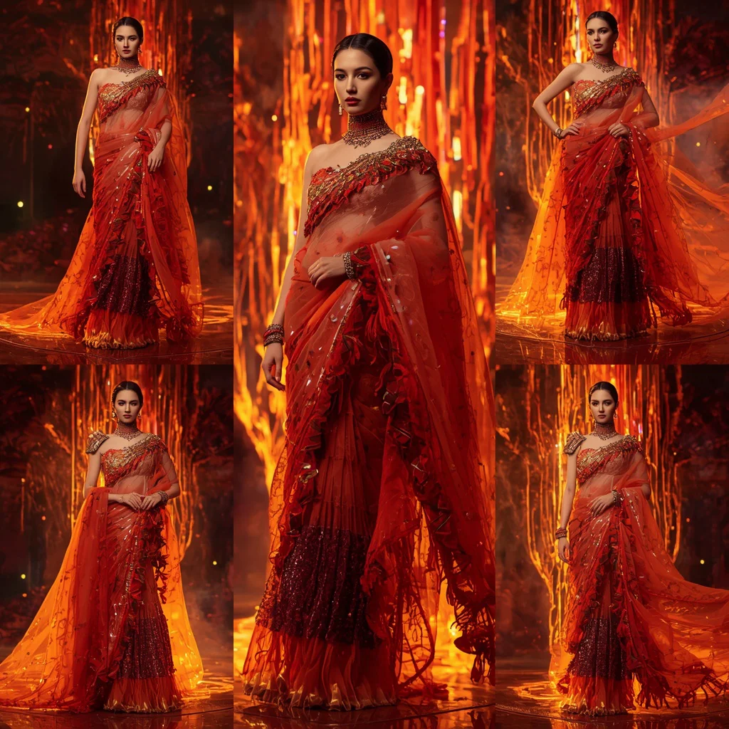Inferno Dragon Empress Saree with Floating Neon Infinity Volcano Palace | new instagram trend prompt for girl saree look copy and paste in english — AI image prompt