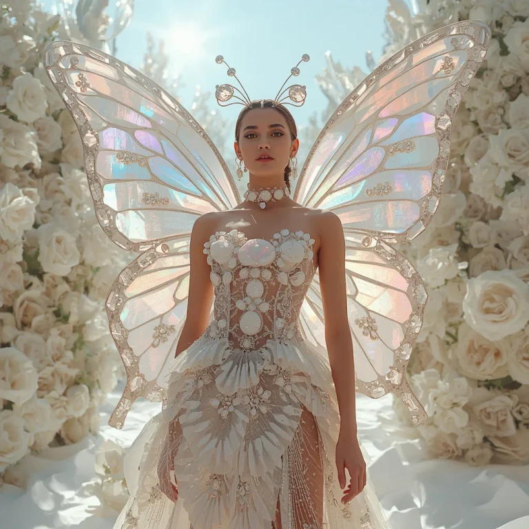 Iridescent Butterfly Goddess in a Sunlit Pure White Crystal Garden Oasis | ChatGPT Prompt — AI image prompt