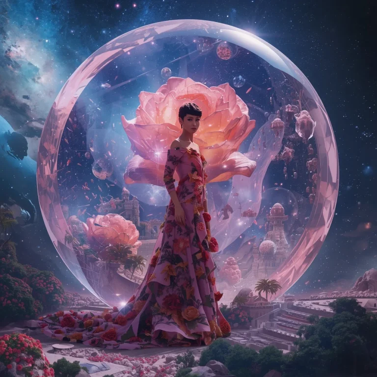 Luxury Fashion Universe Hidden Within a Giant Crystal Rosebud Waiting to Bloom Across Galaxies — AI image prompt