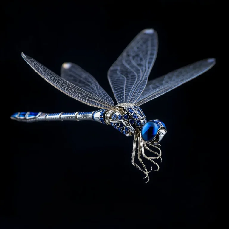 Macro Shot Of A Sapphire-Encrusted Mechanical Dragonfly In Flight | ChatGPT photo Editing Prompts — AI image prompt