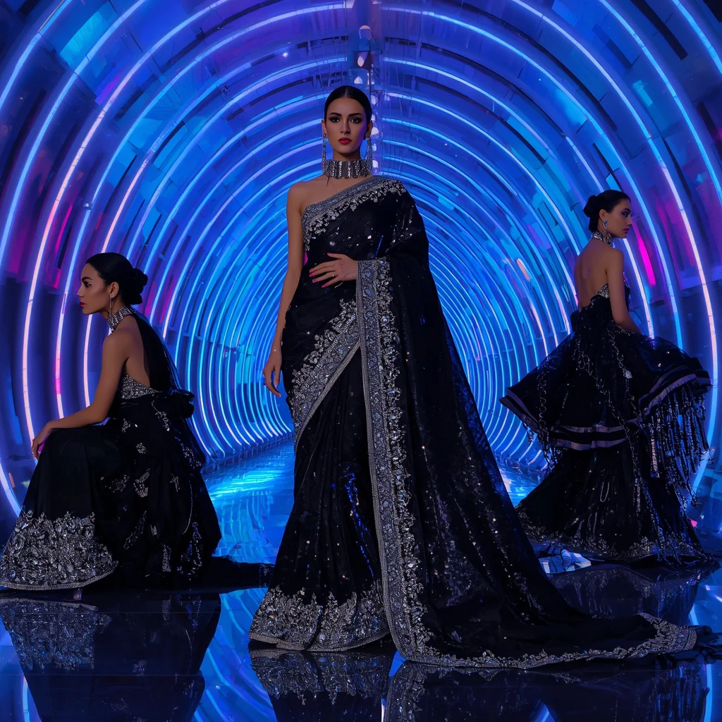 Midnight Crystal Nova Saree with Infinity Neon Prism Orbit Palace | indian traditional saree prompt for wedding — AI image prompt
