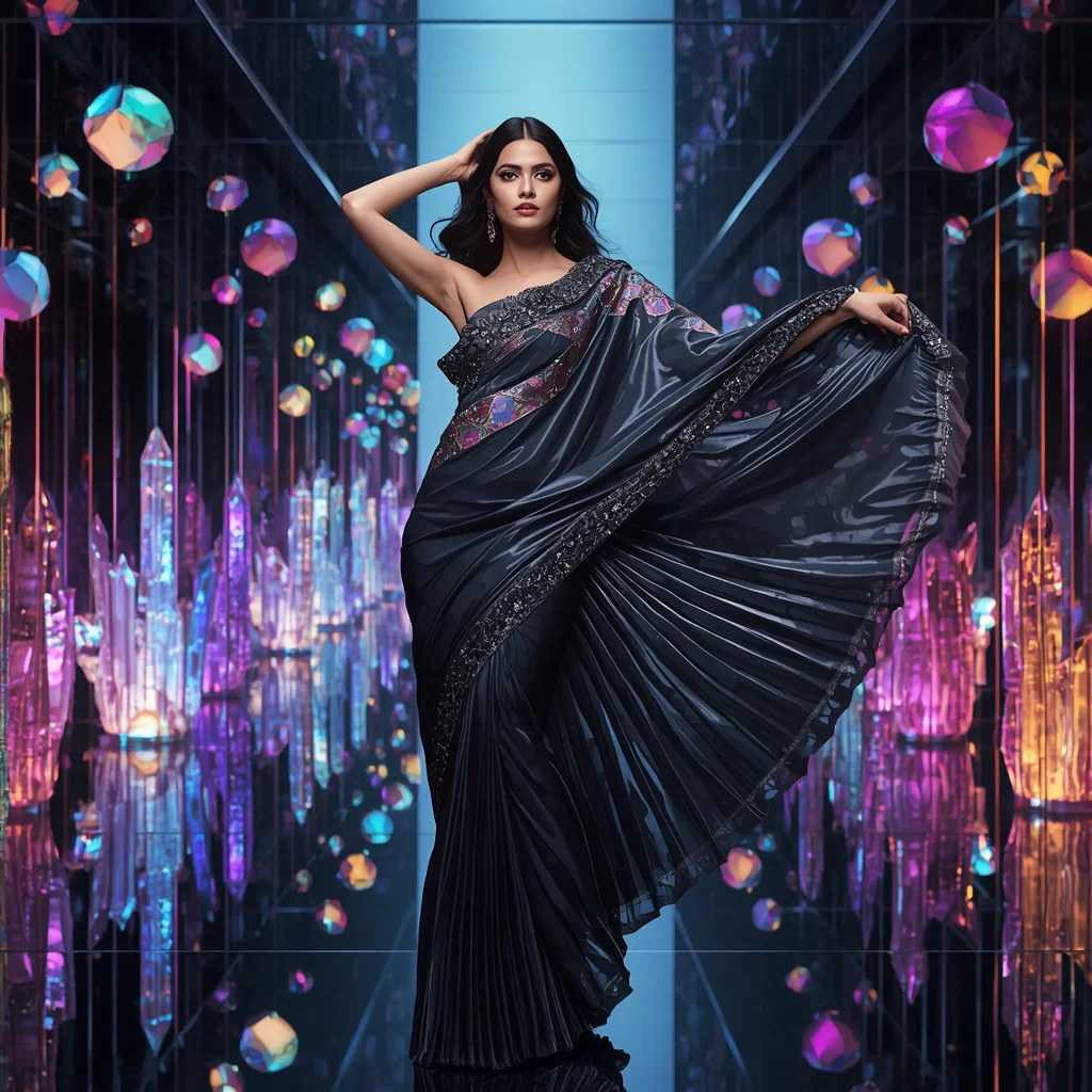 Midnight Prism Saree with Floating Aurora Crystal Corridors | saree instagram ai prompt — AI image prompt