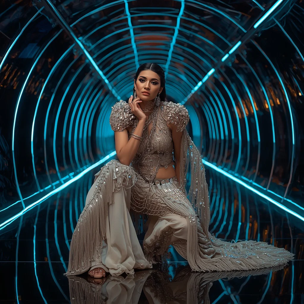Moonstone Inferno Empress Saree with Floating Laser Reflection Corridor | new instagram trend prompt for girl saree look copy and paste in english — AI image prompt