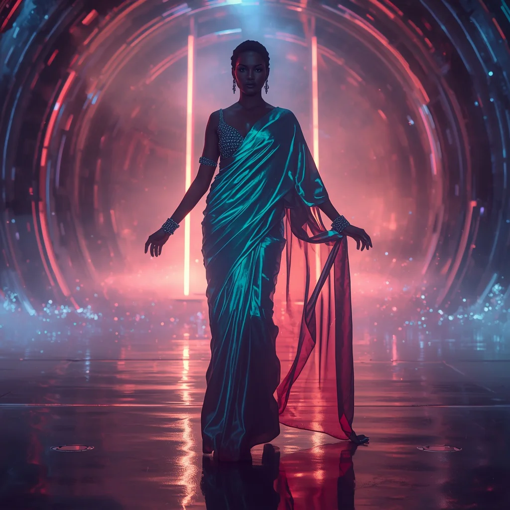 Quantum Aurora Living Silk Saree with Adaptive Color Consciousness Fashion Editorial Concept Look | instagram trending purple saree prompt today — AI image prompt