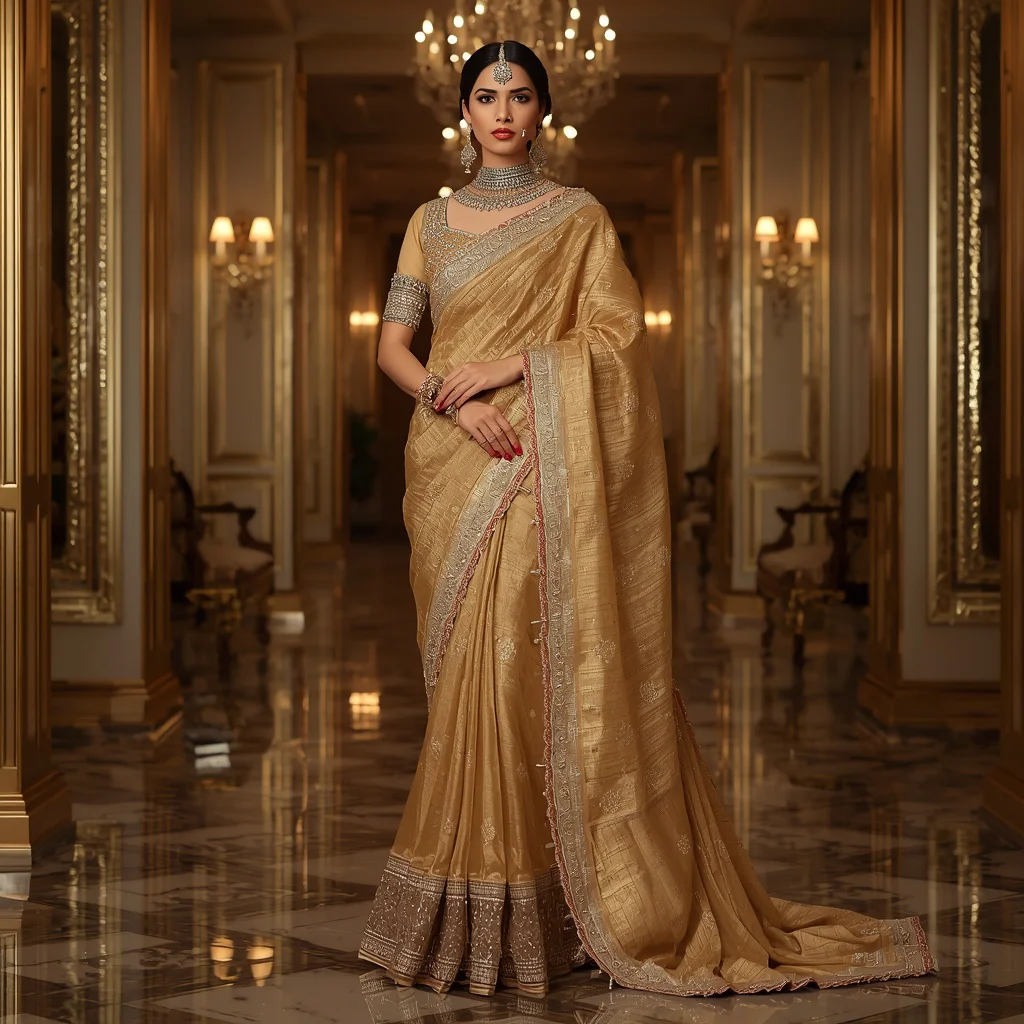 Royal Golden Heritage Saree Couture with Vintage Crystal Corridor Background | new ai prompt girl download — AI image prompt