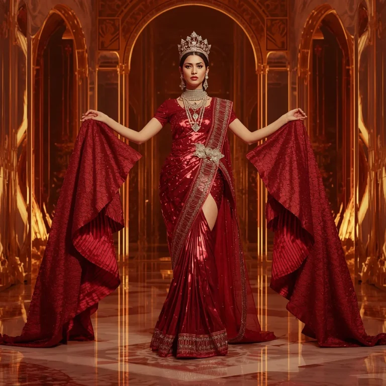 Ruby Temple Flame Saree with Floating Royal Prism Fortress | gemini traditional saree prompt pdf — AI image prompt