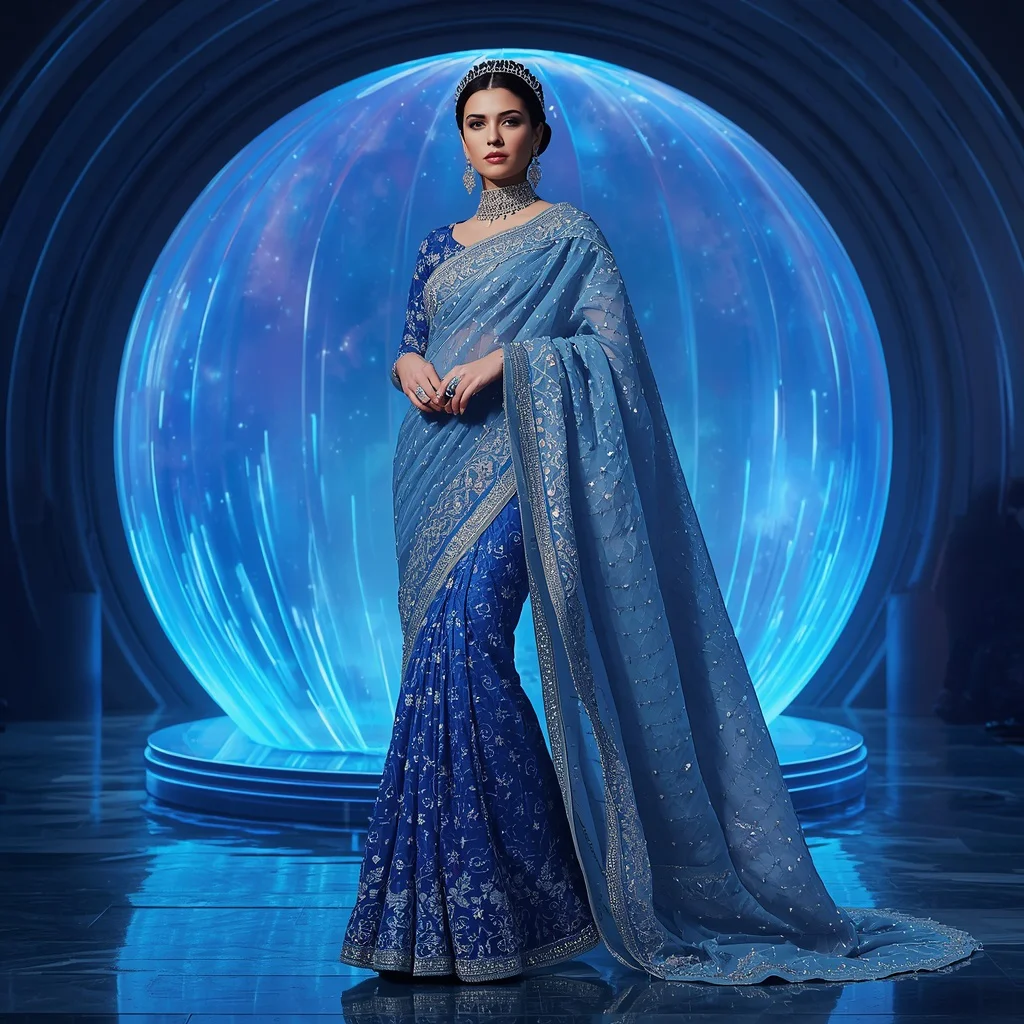 Sapphire Nebula Queen Saree with Neon Infinity Crystal Galaxy Dome | prompt seen gemini girl instagram — AI image prompt