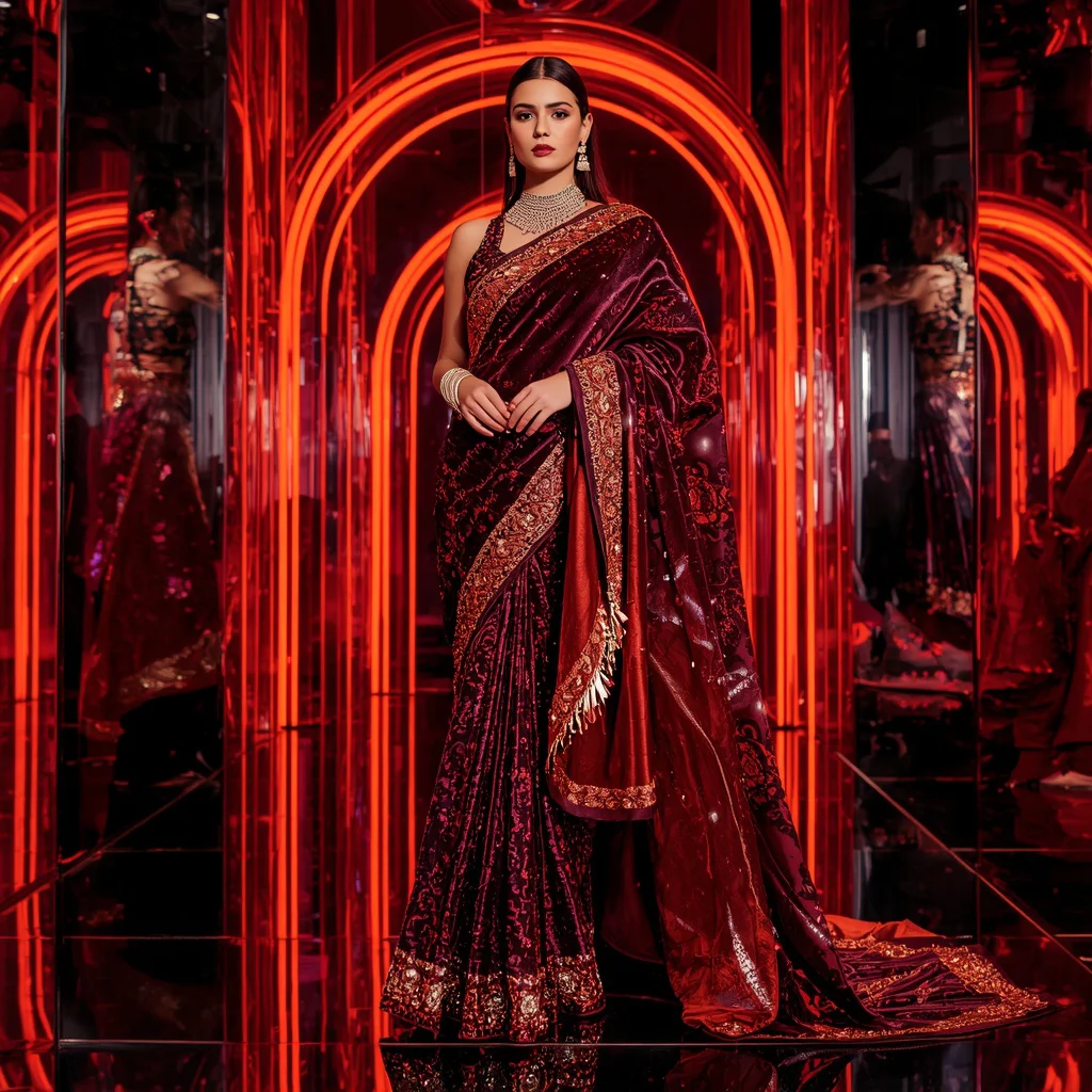 Velvet Crimson Galaxy Saree with Neon Reflection Infinity Crystal Temple | traditional saree prompt for girl — AI image prompt