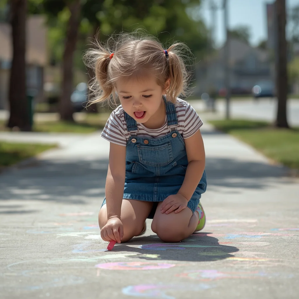 A cute girl drawing chalk art on a sunny sidewalk | Studio Girl Prompt — AI image prompt