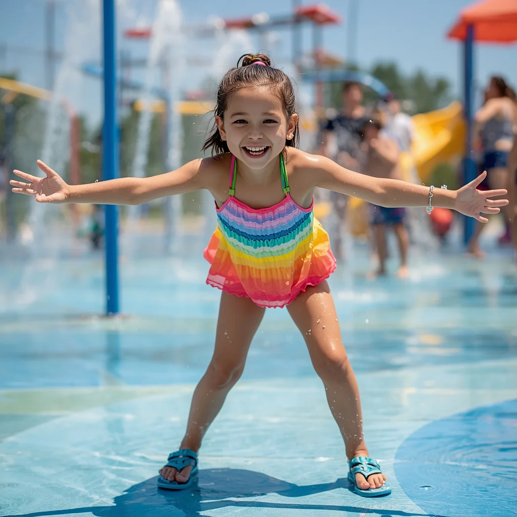 A cute girl in a bright sundress playing at a vibrant splash pad | Girl Generator Prompt — AI image prompt