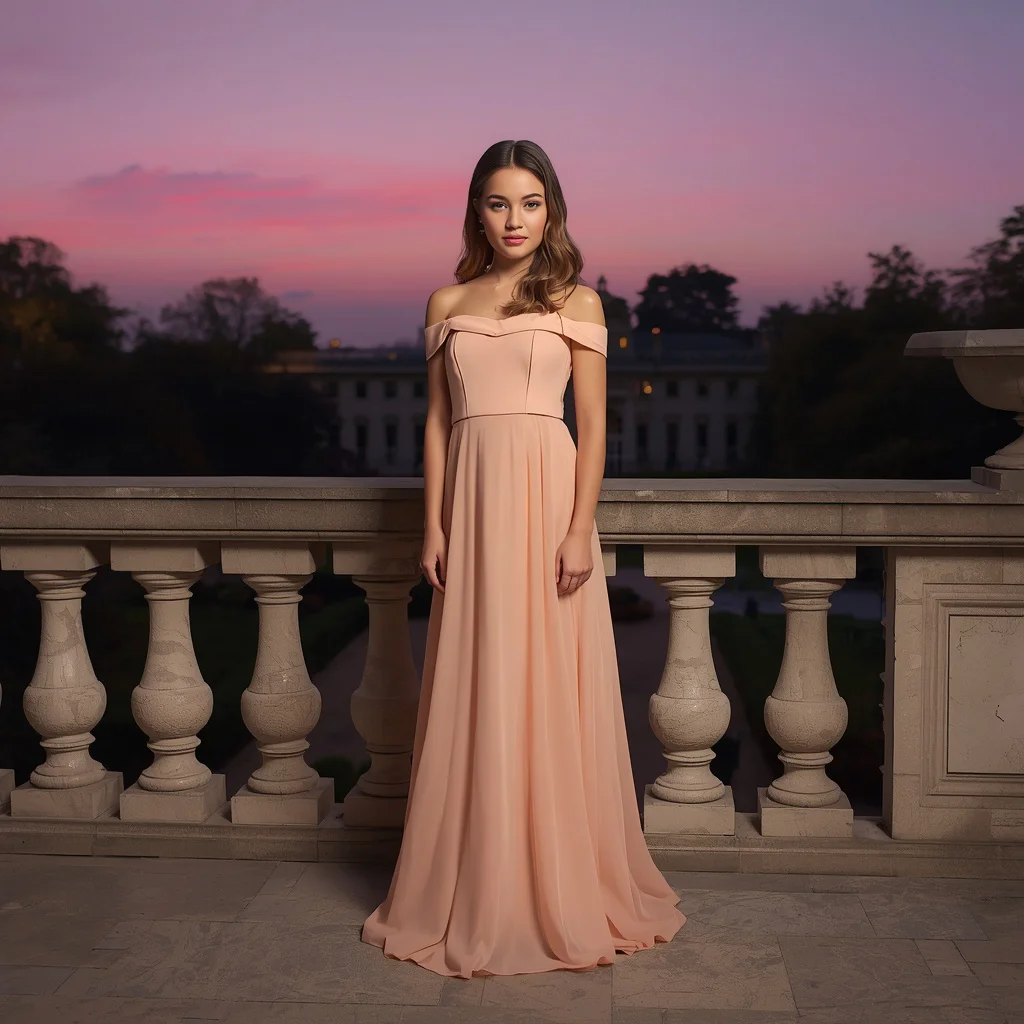 Beautiful Girl In Romantic Off Shoulder Peach Gown | Gemini Girl Prompt — AI image prompt