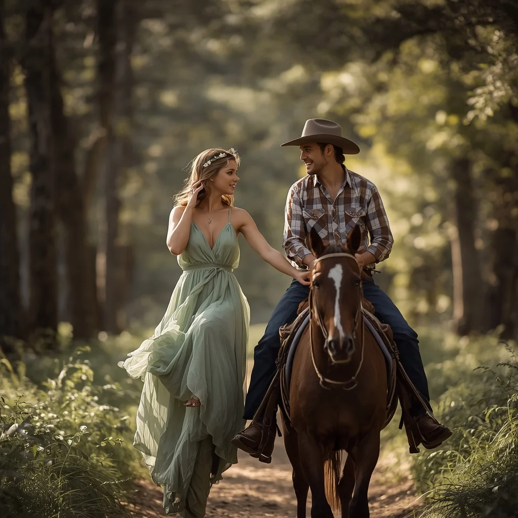 Couple’s Romantic Horseback Ride Through a Forest Trail | Elegant Couple Prompt — AI image prompt