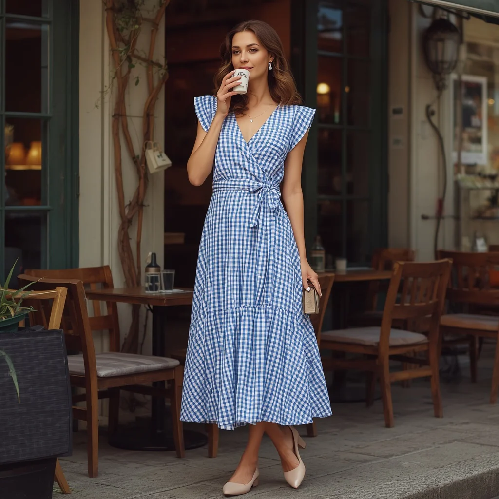 Feminine Daytime Casual: A Gingham Wrap Midi Dress | Lehenga Prompt — AI image prompt
