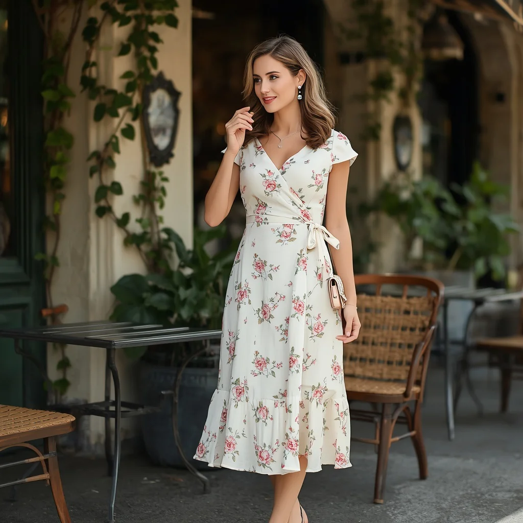 Feminine Elegant Daytime: A Floral Print Wrap Midi Dress | DP Girl Prompt — AI image prompt